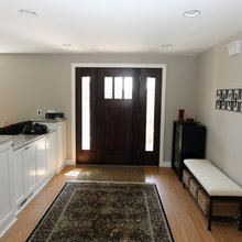 Combination of white trim and stained doors