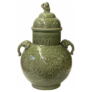 Chinese Ancient style Celadon Ceremonial Jar with Dragon Phoenix Motif Hws1588