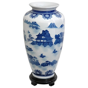 14" Landscape Blue and White Porcelain Tung Chi Vase