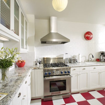 Beautiful White Kitchen with Red & White Floors plus red accessories