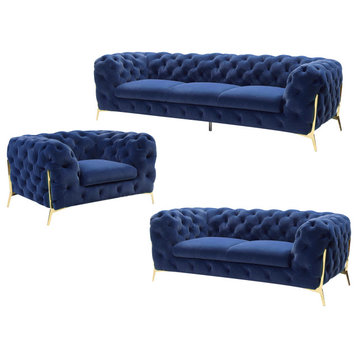 3 Piece Sofa Set, Gold Glam Luxe Hollywood Regency Sofa Set, Tufted Fabric, Blue