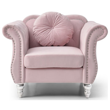 Hollywood Pink Chesterfield Tufted Velvet Accent Chair With Round Throw Pillow
