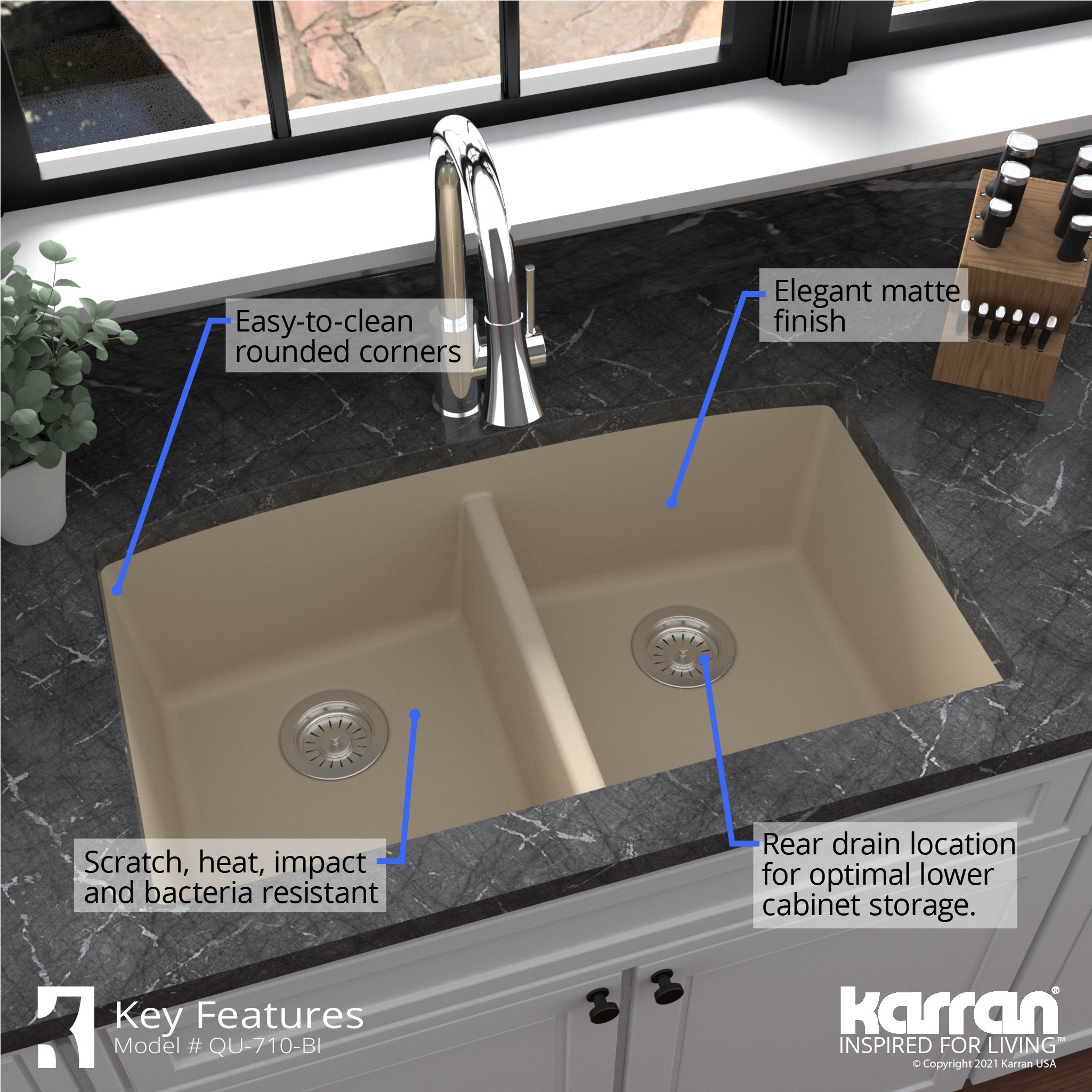 Karran Undermount Quartz 32" 50/50 Double Bowl Kitchen Sink, Bisque