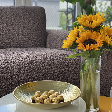 Cappuccino Sofa & Mango Pillows Slipcovers | Mamma Mia Covers