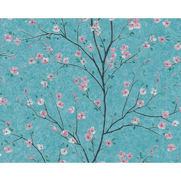 Floral Textured Wallpaper, Sakura Tree With Flowers, Blue Green Pink, 1 Roll