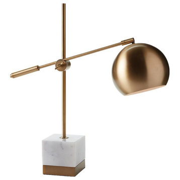 Luxe Gold Bronze Round Shade Adjustable Desk Lamp White Marble Metal Classic Arm
