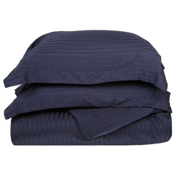 100% Egyptian Cotton Lightweight Stripes Duvet Cover Set, Navy Blue, Twin