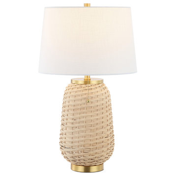 Chakrii 25" Iron/Rattan LED Table Lamp With Pull-Chain, Brass Gold/Light Brown