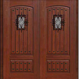 Prehung Speakeasy Front Double Door 80 Fiberglass2 Panel V-Grooved - Front Doors