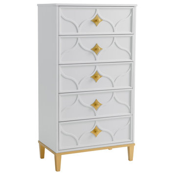Emma 5-Drawer Chest, White and Gold