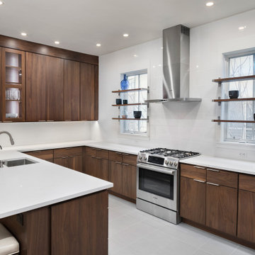 Warm Modern Walnut Kitchen Remodel | Sleek White Quartz & Open Shelving Design