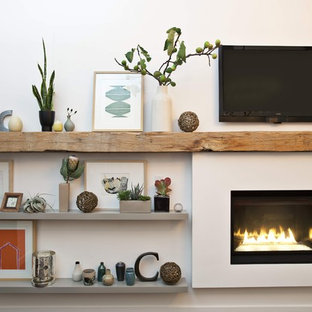 Großes Modernes Schlafzimmer mit weißer Wandfarbe, dunklem Holzboden, Kamin und verputzter Kaminumrandung in San Francisco