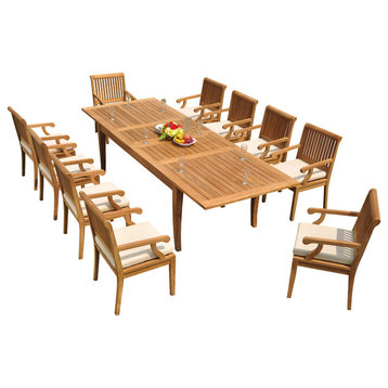 11-Piece Patio Teak Dining Set: 122" X-Large Rectangle Table, 10 Sack Arm Chairs