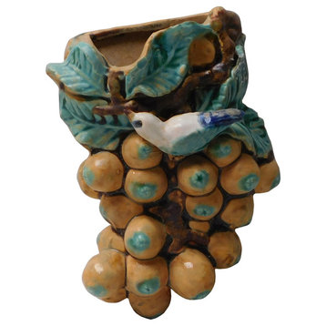 Handmade Clay Celadon Yellow Bird Play and Grapes Shape Wall Hanging Vase hn145