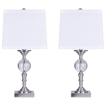 23" Crystal Brushed Nickel Table Lamp, Square White Silky Shade, Set of 2