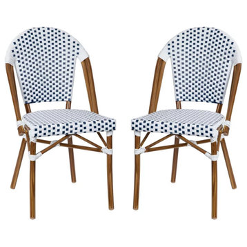 Set of 2 Indoor Outdoor Dining Chair, Woven Rattan Seat & Back, White & Navy