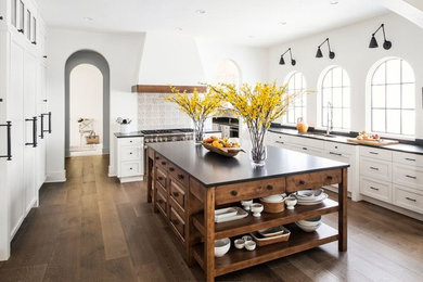 Large tuscan l-shaped dark wood floor and brown floor enclosed kitchen photo in Jacksonville with an undermount sink, shaker cabinets, white cabinets, soapstone countertops, multicolored backsplash, ceramic backsplash, paneled appliances, an island and black countertops