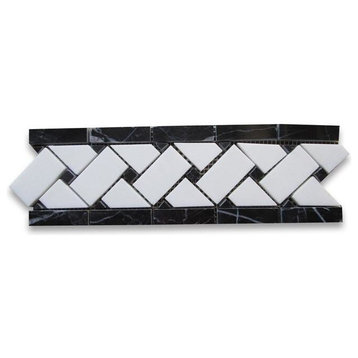 4"x12" Thassos Marble Basketweave Mosaic Border Black Dots Honed, Set of 50