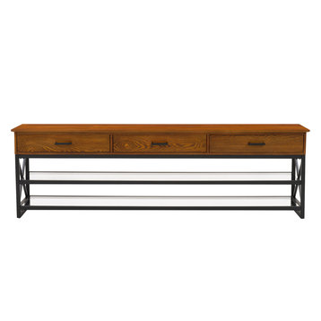 CorLiving  Oak Wood Veneer TV Bench With Glass Shelves, 90" TV, Cherry Brown