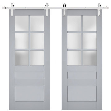 Double Barn Door 60 x 80, Veregio 7339 Grey & Frosted Glass, Silver 13FT