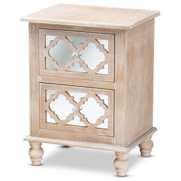 Celia Rustic French White-Washed Wood and Mirror 2-Drawer Quatrefoil Nightstand