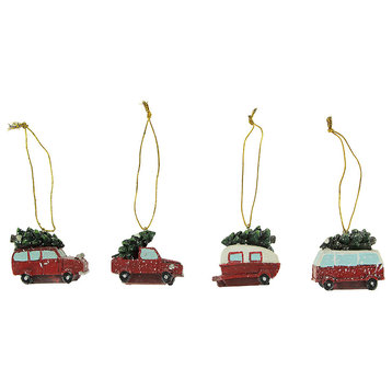 Red Vintage Retro Vehicles Christmas Ornaments Set of  4