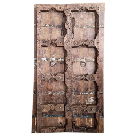 Consigned Antique Indian Teak Doors Hand Carved Rustic Farmhouse Doors 78