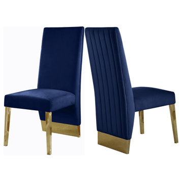 The Cairo Dining Chair, Set of 2, Navy Velvet, Gold Legs