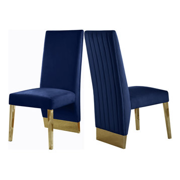 Porsha Dining Chair, Set of 2, Navy Velvet, Gold Legs