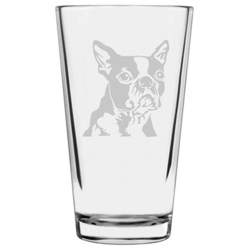 Boston Terrier Dog Themed Etched All Purpose 16oz. Libbey Pint Glass