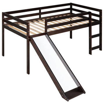 TATEUS Rustic Loft Bed With Slide & Twin Size, Solid Pine Wood, Espresso