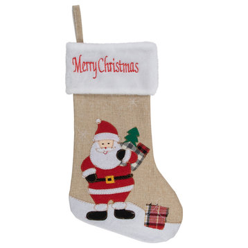 19" Beige and Red Burlap "Merry Christmas" Santa Christmas Stocking