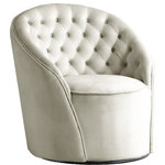 Meridian Furniture - Alessio Velvet Upholstered Accent Chair, Cream - Give your living space a sophisticated makeover with this Alessio Cream Velvet Swivel Accent Chair from Meridian Furniture. This swivel base accent chair has luxurious cream velvet upholstery that provides you with a soft, comfortable place to sit while you cozy up with your favorite book or curl up in front of your favorite TV show or movie. Deep button tufting on the inner back adds to its contemporary design, making it the perfect addition to any room in your home.
