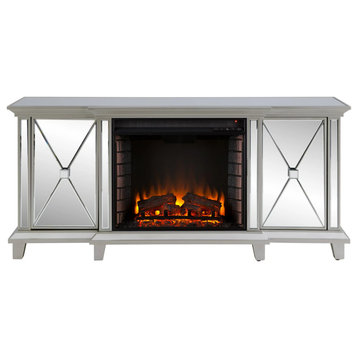 Elegant TV Stand, Mirrored Design With Side Cabinets & Center Fireplace, Silver
