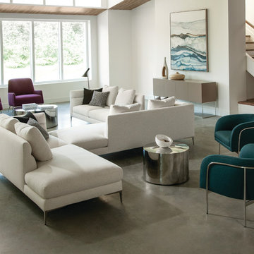 Spaced Out modular sectional with Milo Baughman Rod chairs and Swanky credenza f