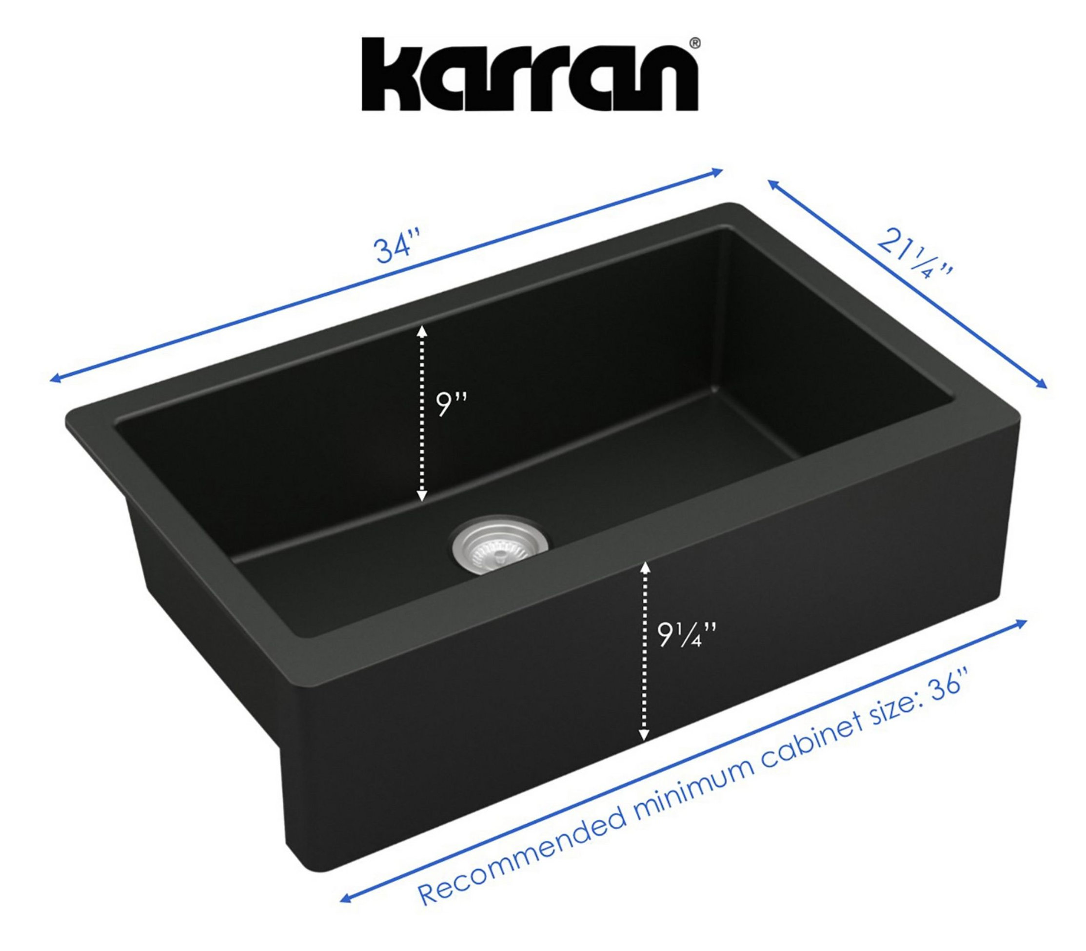 Karran All-in-One Farmhouse Quartz 34" Single Bowl Sink, Black With Faucet