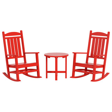 WestinTrends 3PC Classic Adirondack Outdoor Patio Rocking Chairs, Side Table Set, Red
