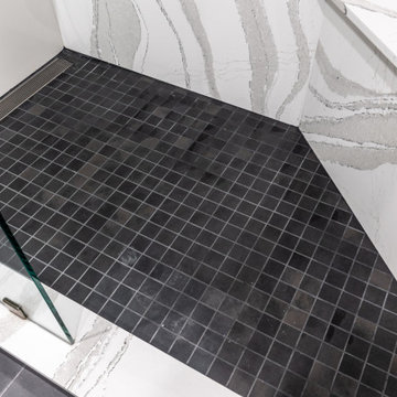 Master Bath Dark Tile Shower Floor & Cambria Bench