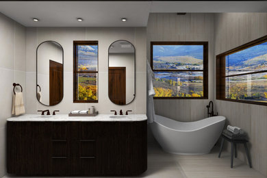 Inspiration for a mid-sized southwestern master beige tile and porcelain tile porcelain tile and double-sink bathroom remodel in Other with dark wood cabinets, a drop-in sink, quartzite countertops, white countertops and a freestanding vanity