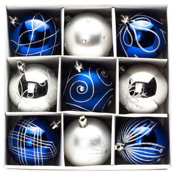 70Mm Blue And Silver Ornaments, 9-Pack