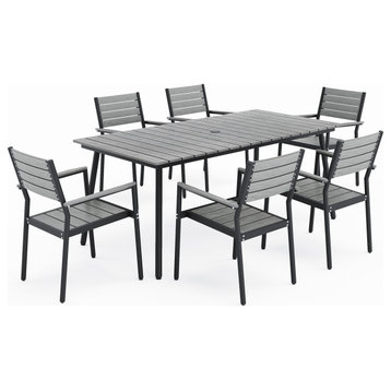 7-Piece Gray Outdoor Patio Set Dining Chairs Table With Umbrella Hole, Dc038