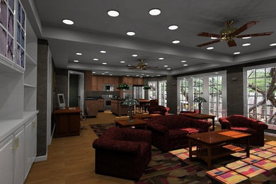 Inspiration for a large open concept game room remodel in Orlando with green walls and a media wall