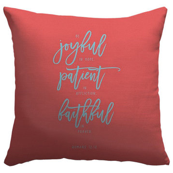 "Romans 12:12 - Scripture Art in Teal and Coral" Pillow 20"x20"
