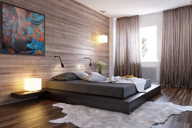 Imagen de dormitorio principal asiático grande sin chimenea con paredes marrones y suelo de madera oscura