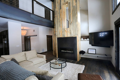 Living room - large transitional open concept dark wood floor and brown floor living room idea in Other with white walls, a ribbon fireplace, a metal fireplace and a wall-mounted tv