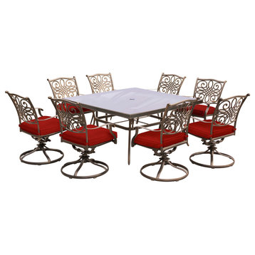 Traditions 9-Piece Dining Set, Red With a 60" Square Glass-Top Dining Table