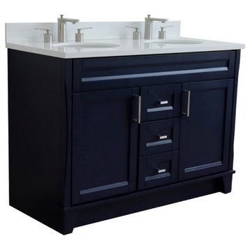 48" Double Sink Vanity, Blue Finish With White Quartz And Oval Sink