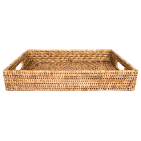 Artifacts Rattan Rectangular Tray With Cutout Handles, Honey Brown