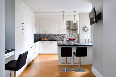 Inspiration for a contemporary l-shaped enclosed kitchen remodel in New York with an undermount sink, white cabinets, granite countertops, multicolored backsplash, mosaic tile backsplash, paneled appliances, a peninsula and black countertops