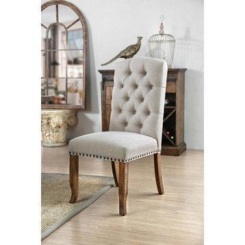 Benzara BM183673 Button Tufted Fabric Upholstery Side Chair Cream & Brown, 2 set